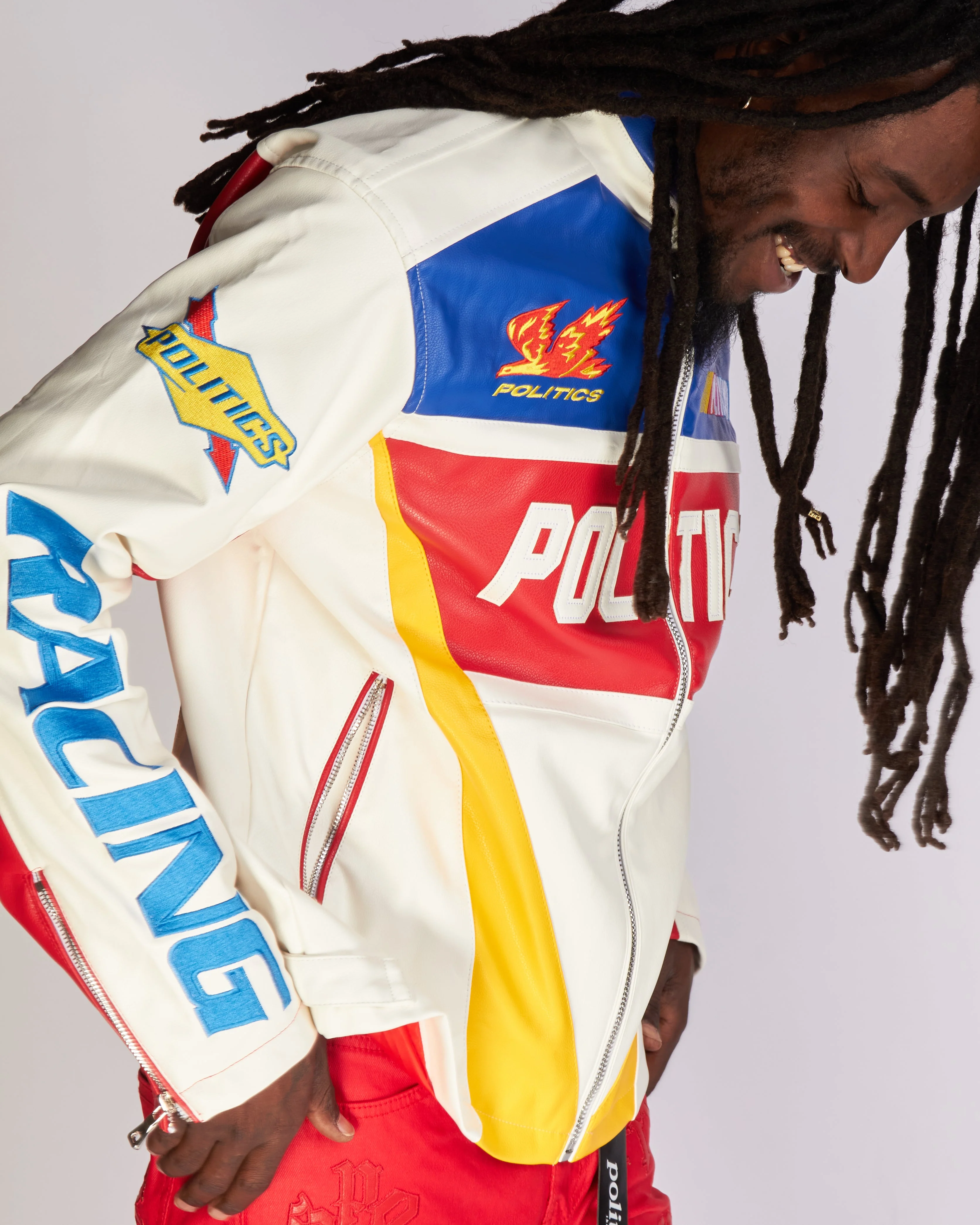Politics Jacket - Leather Moto Racing - Beloved - White And Blue - 575 - Image 6