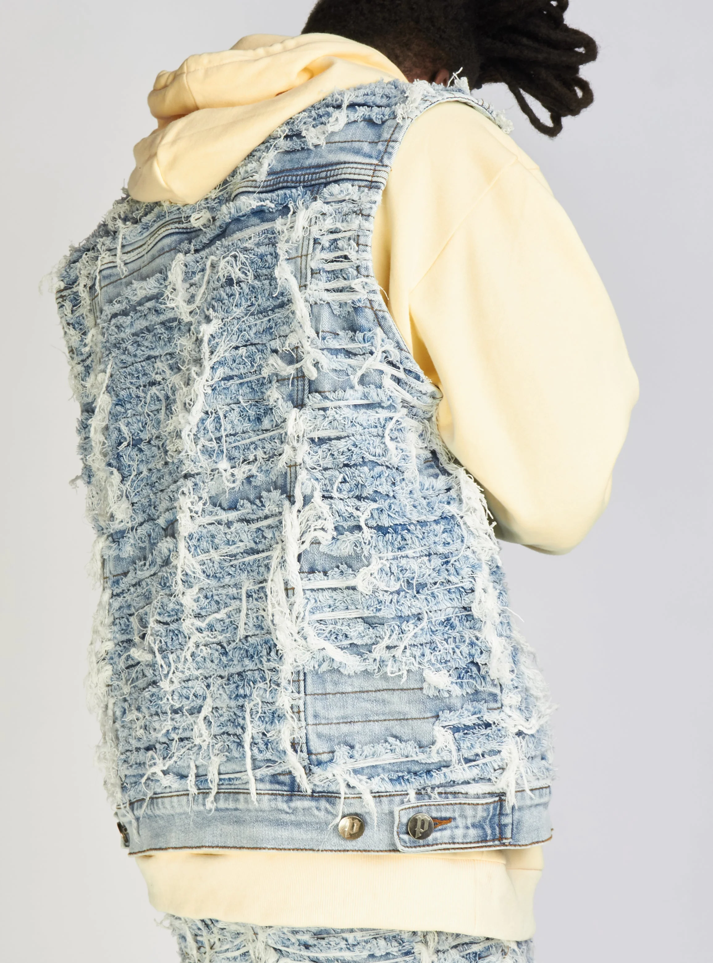 Politics Jean Vest - Thrashed Distressed Denim Vest - Blue Wash - Debris 495 - Image 3
