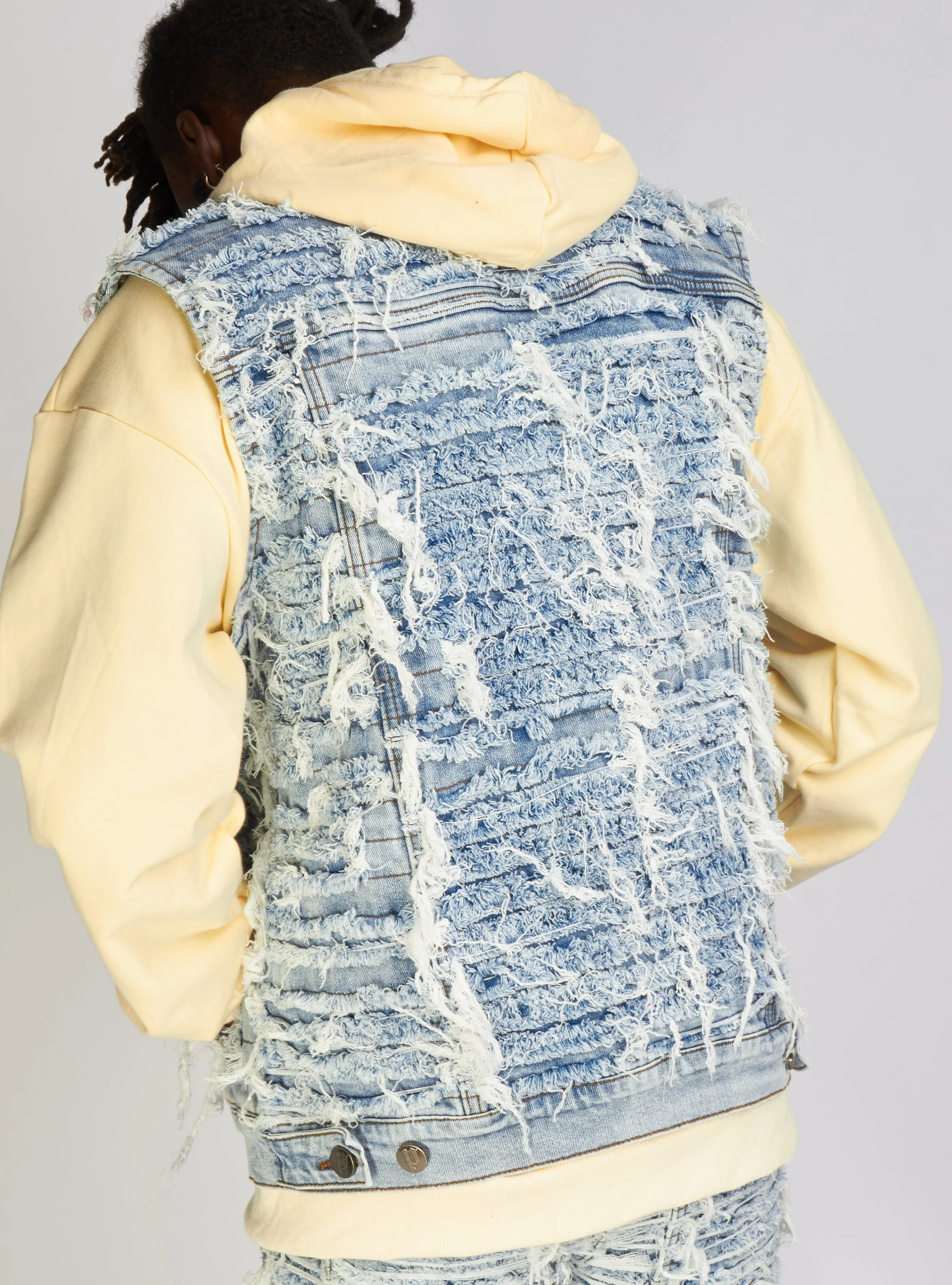Politics Jean Vest - Thrashed Distressed Denim Vest - Blue Wash - Debris 495 - Image 4