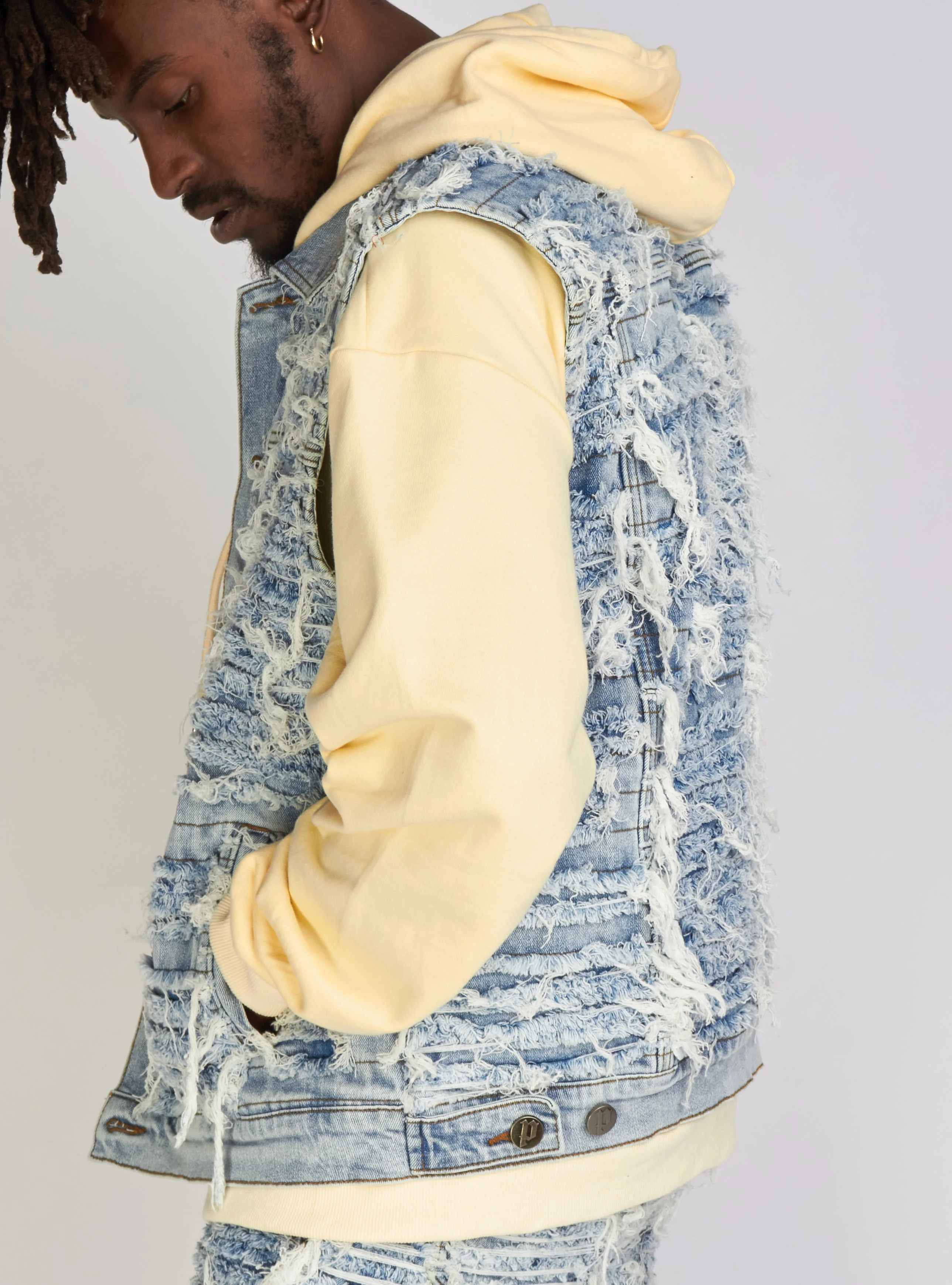 Politics Jean Vest - Thrashed Distressed Denim Vest - Blue Wash - Debris 495 - Image 5