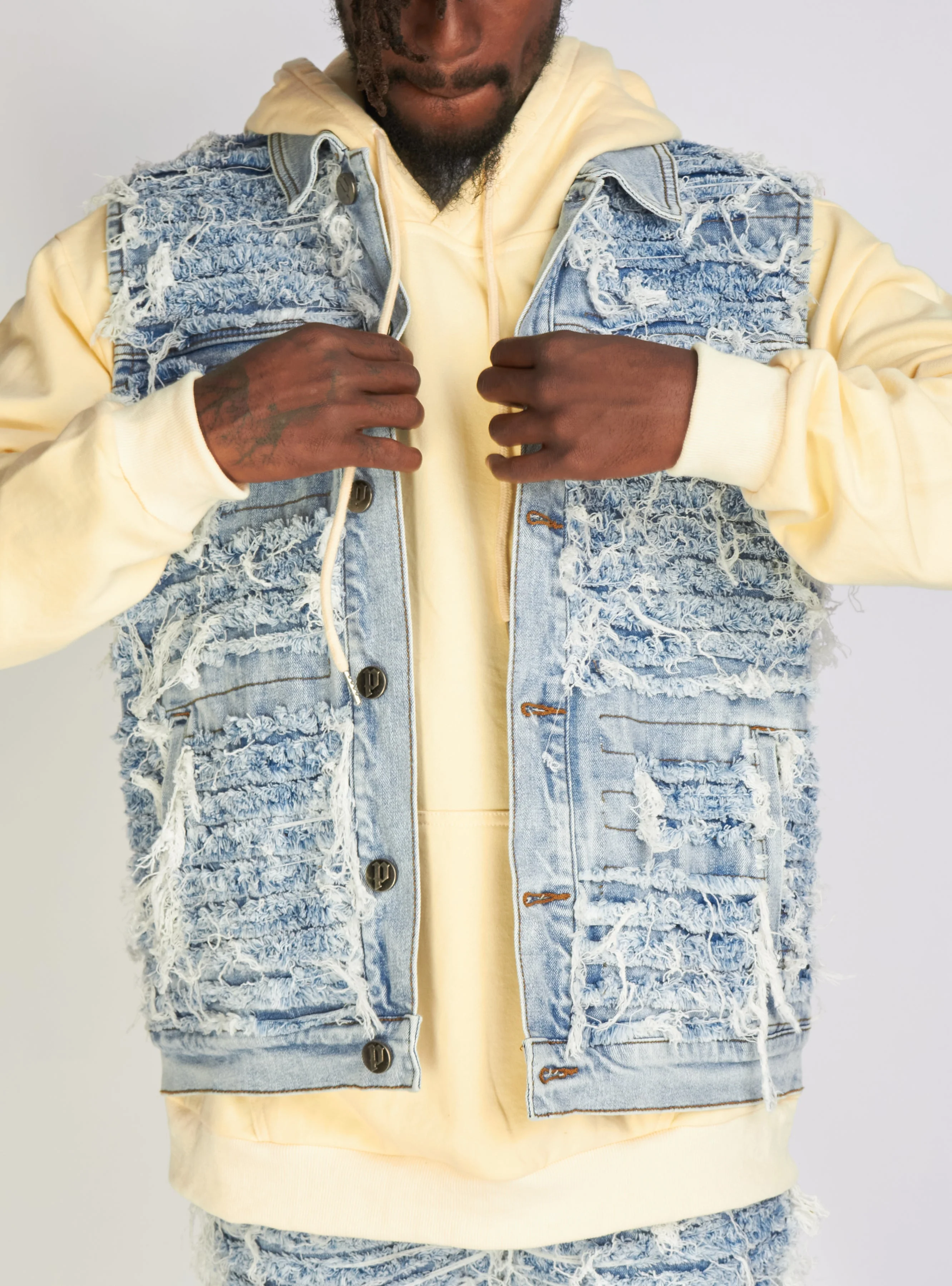 Politics Jean Vest - Thrashed Distressed Denim Vest - Blue Wash - Debris 495 - Image 7