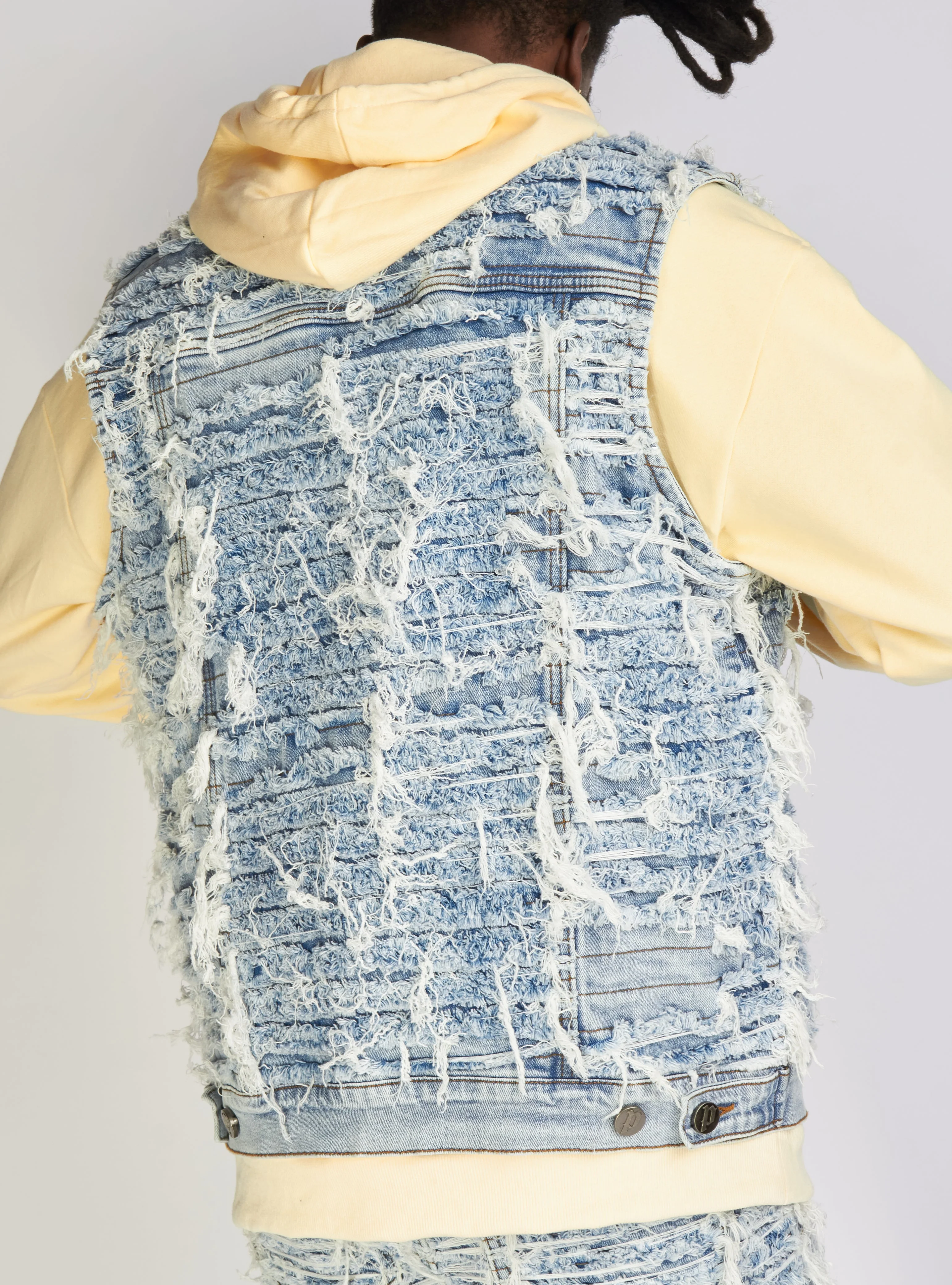 Politics Jean Vest - Thrashed Distressed Denim Vest - Blue Wash - Debris 495 - Image 8