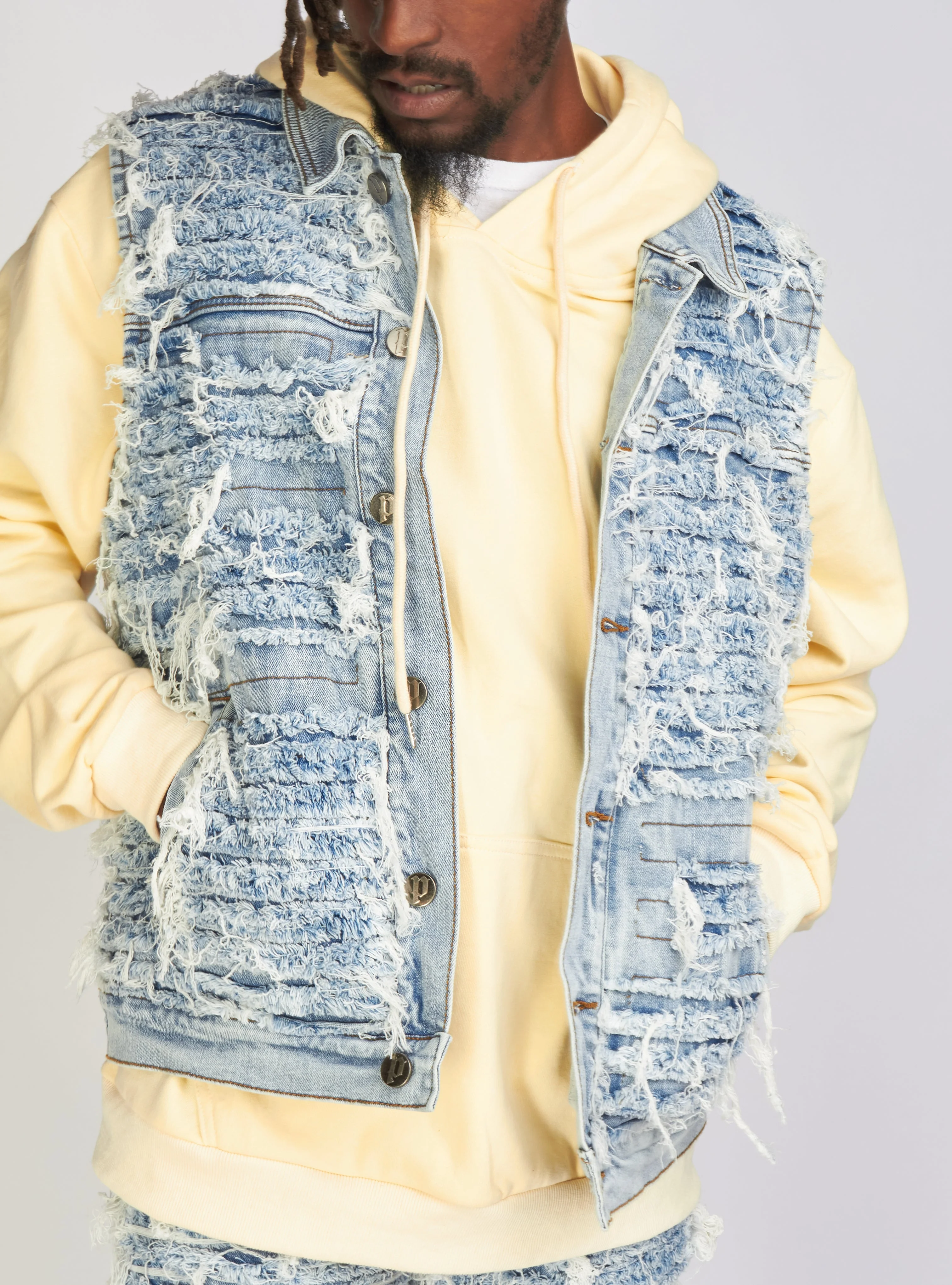 Politics Jean Vest - Thrashed Distressed Denim Vest - Blue Wash - Debris 495 - Image 9