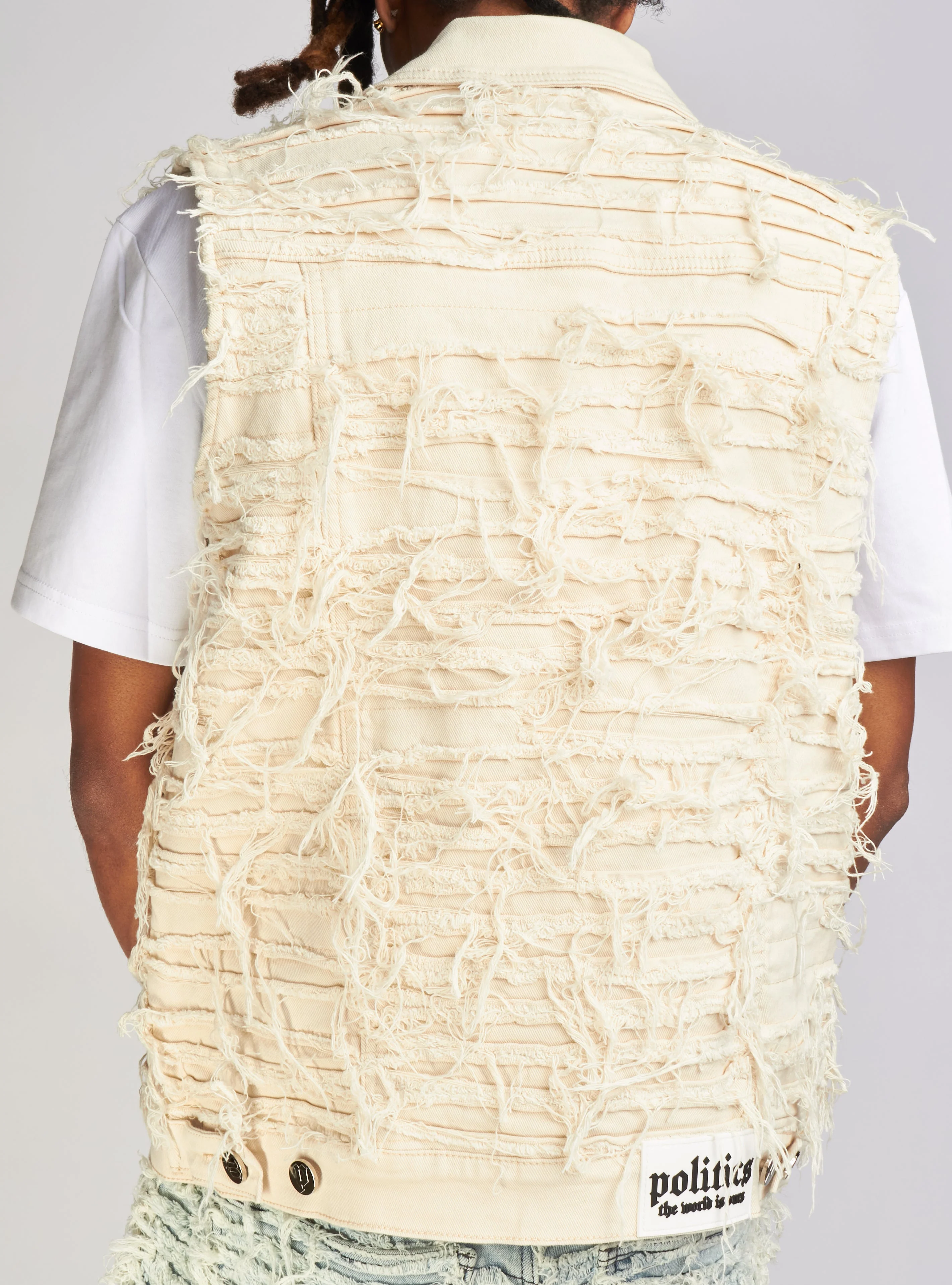 Politics Debris Distressed Denim Vest — Cream - Image 4