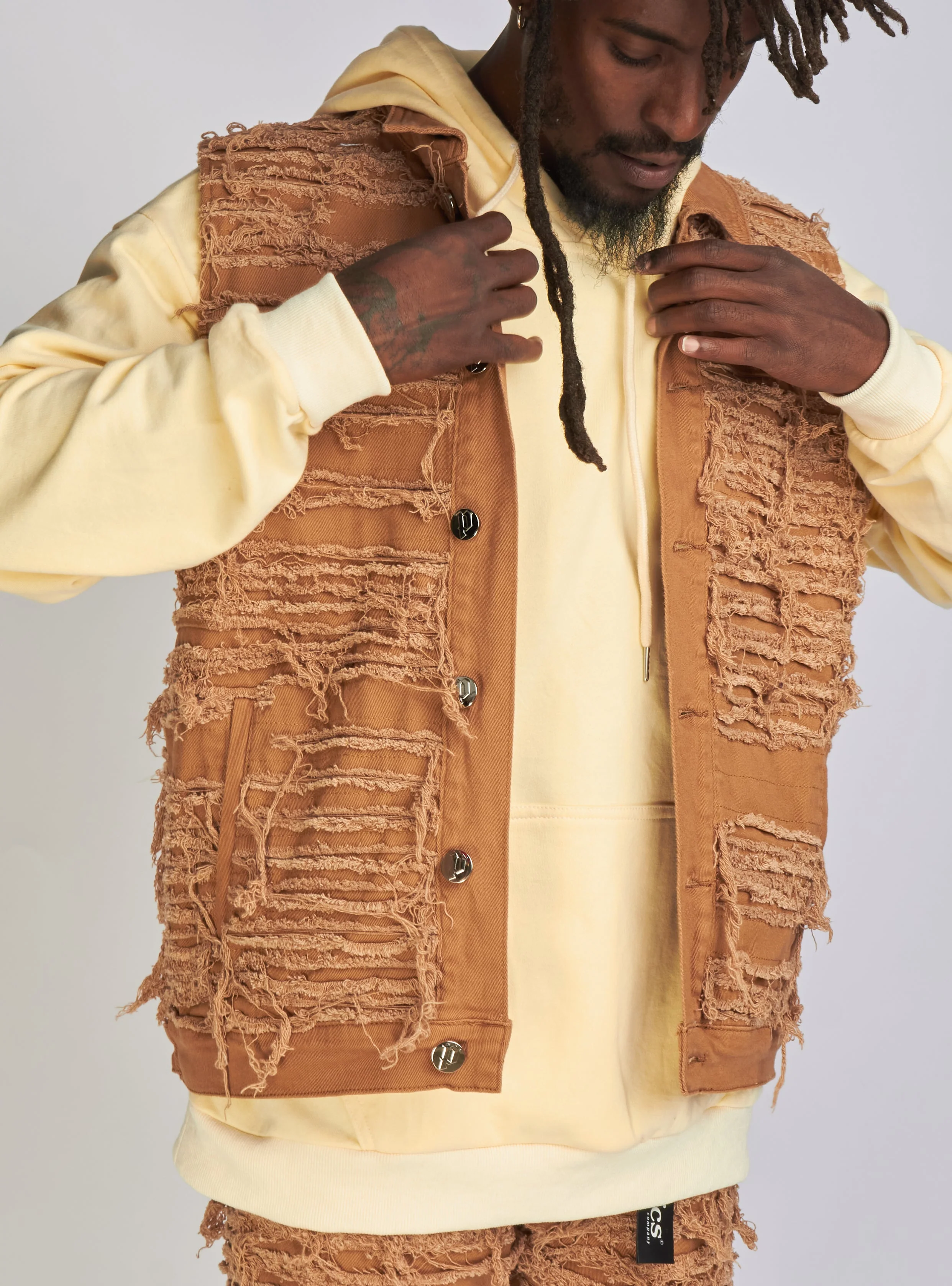 Politics Debris Distressed Denim Vest — Dark Khaki - Image 10