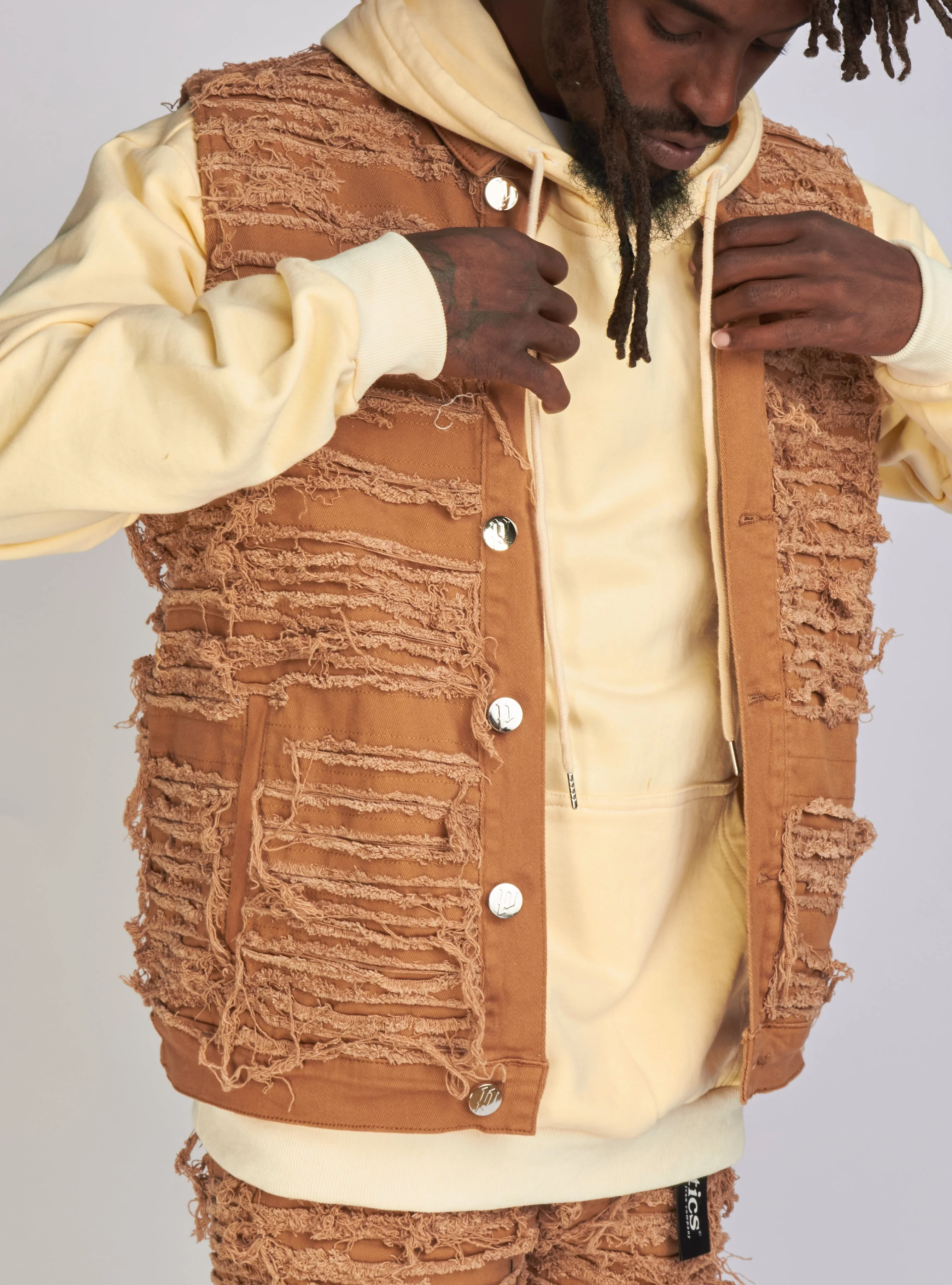 Politics Debris Distressed Denim Vest — Dark Khaki - Image 3