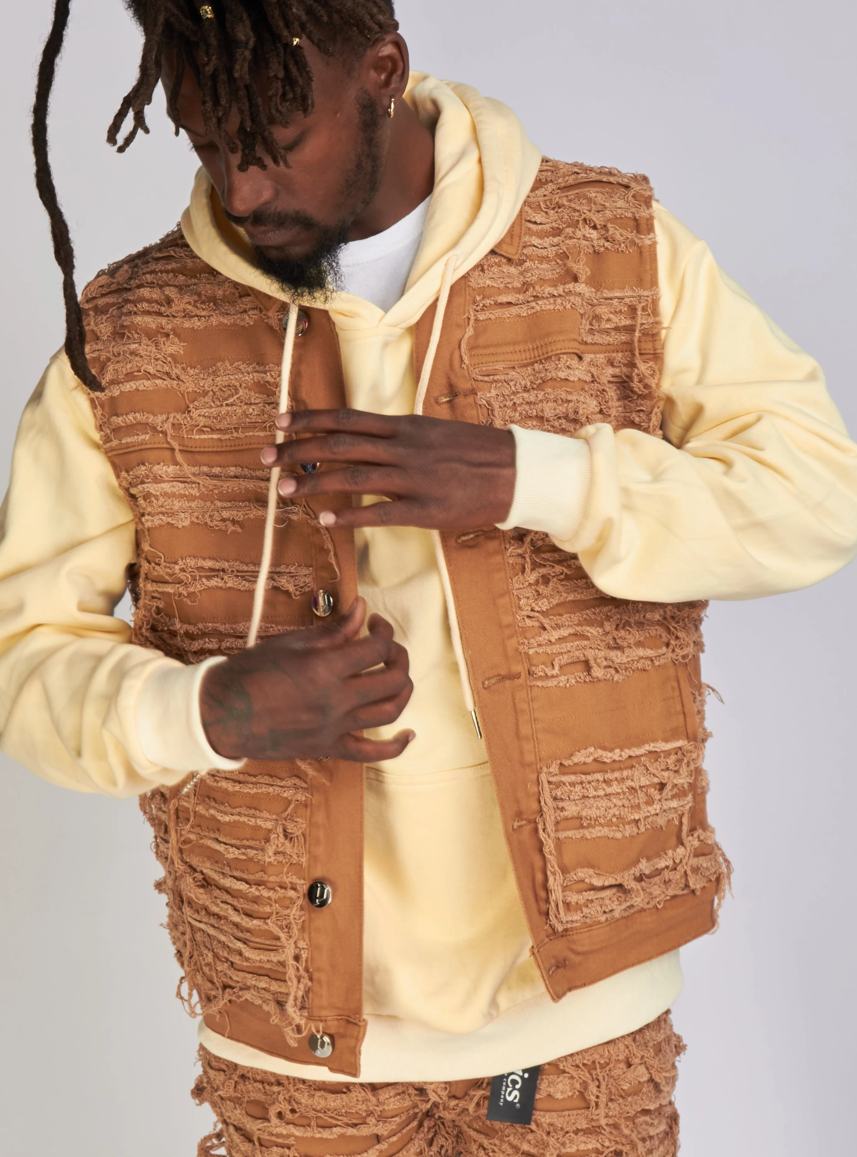Politics Debris Distressed Denim Vest — Dark Khaki - Image 4
