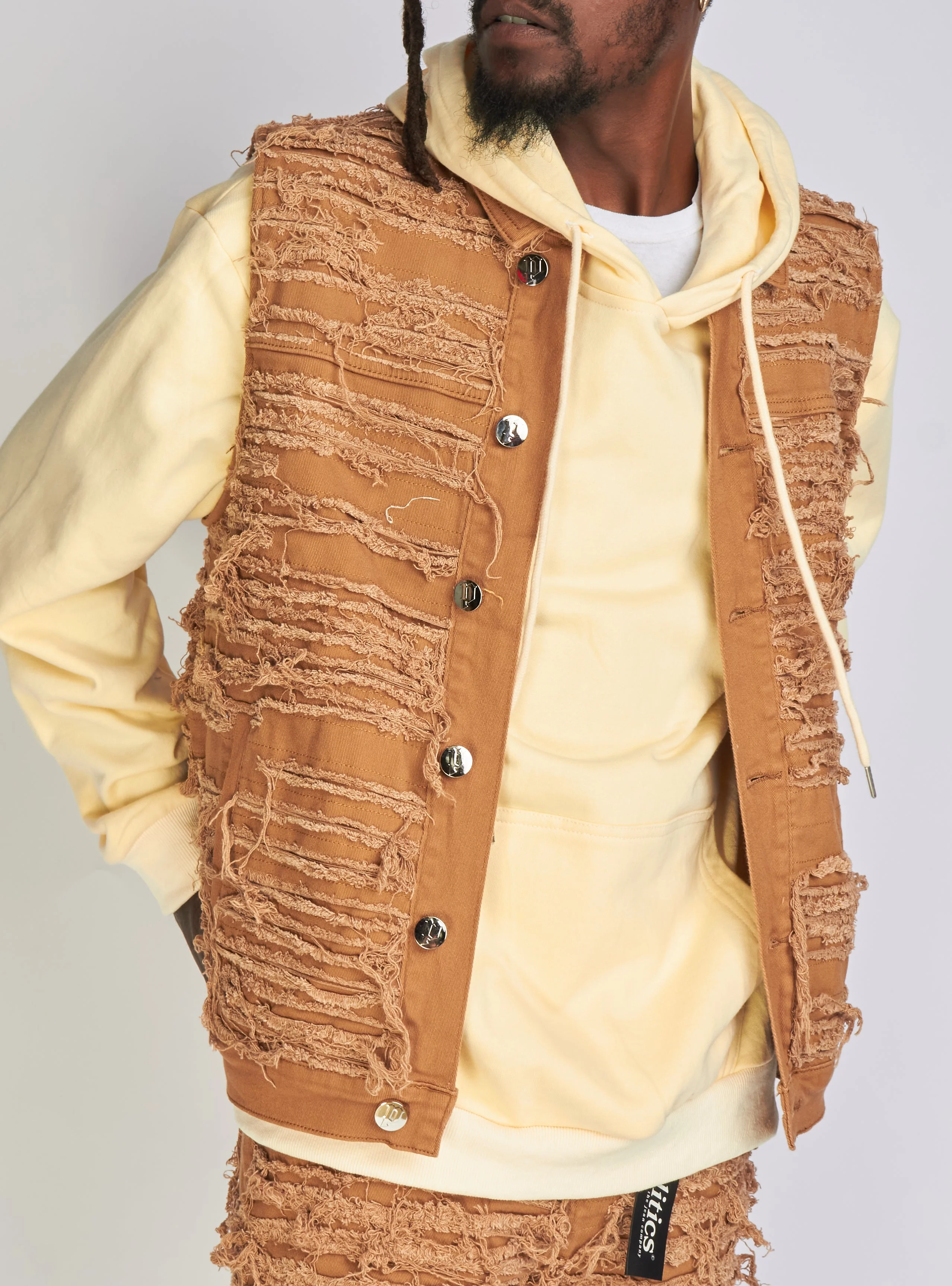 Politics Debris Distressed Denim Vest — Dark Khaki - Image 5