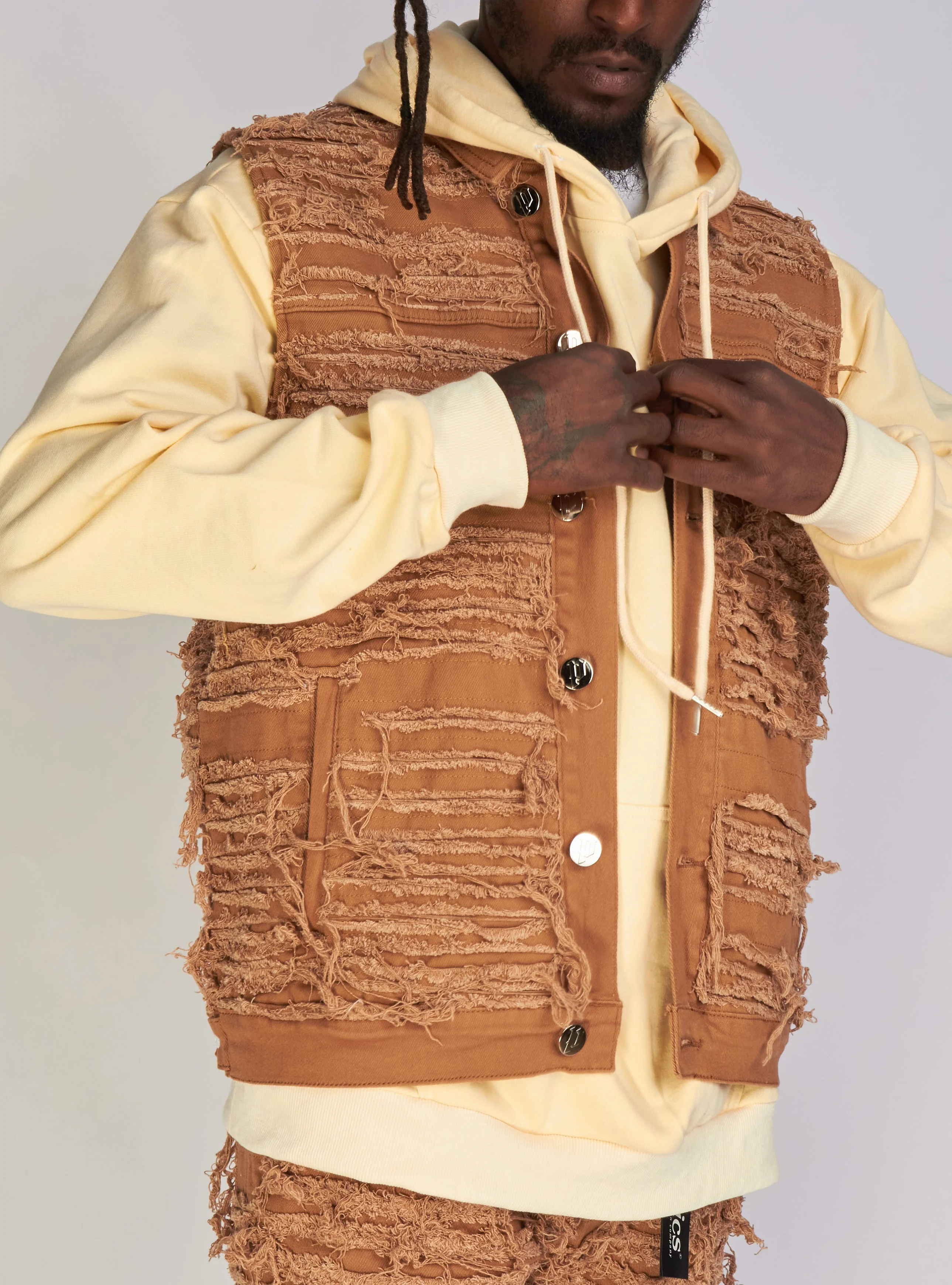 Politics Debris Distressed Denim Vest — Dark Khaki - Image 6