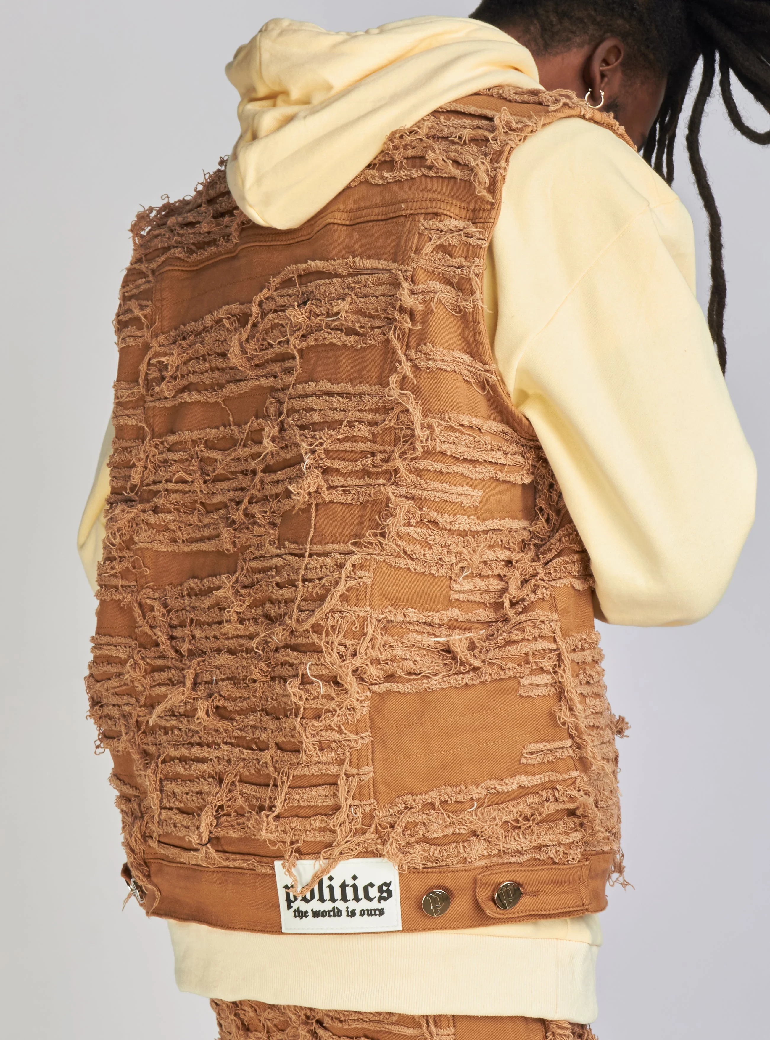 Politics Debris Distressed Denim Vest — Dark Khaki - Image 7