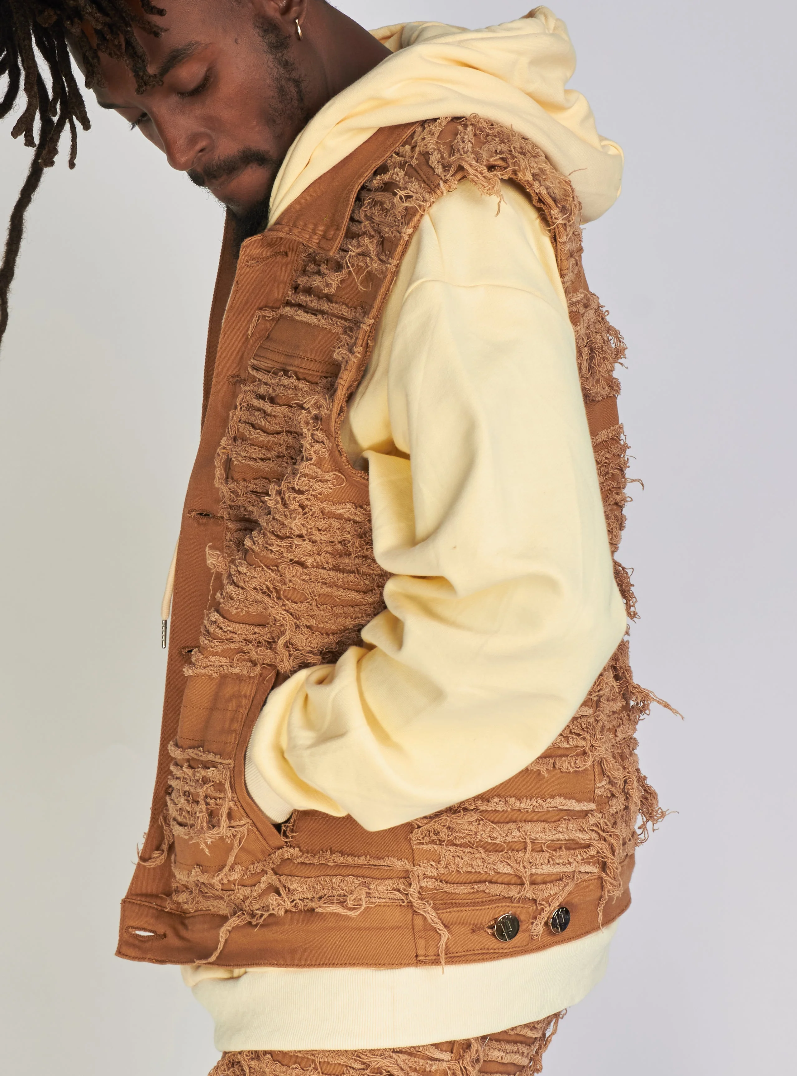 Politics Debris Distressed Denim Vest — Dark Khaki - Image 8