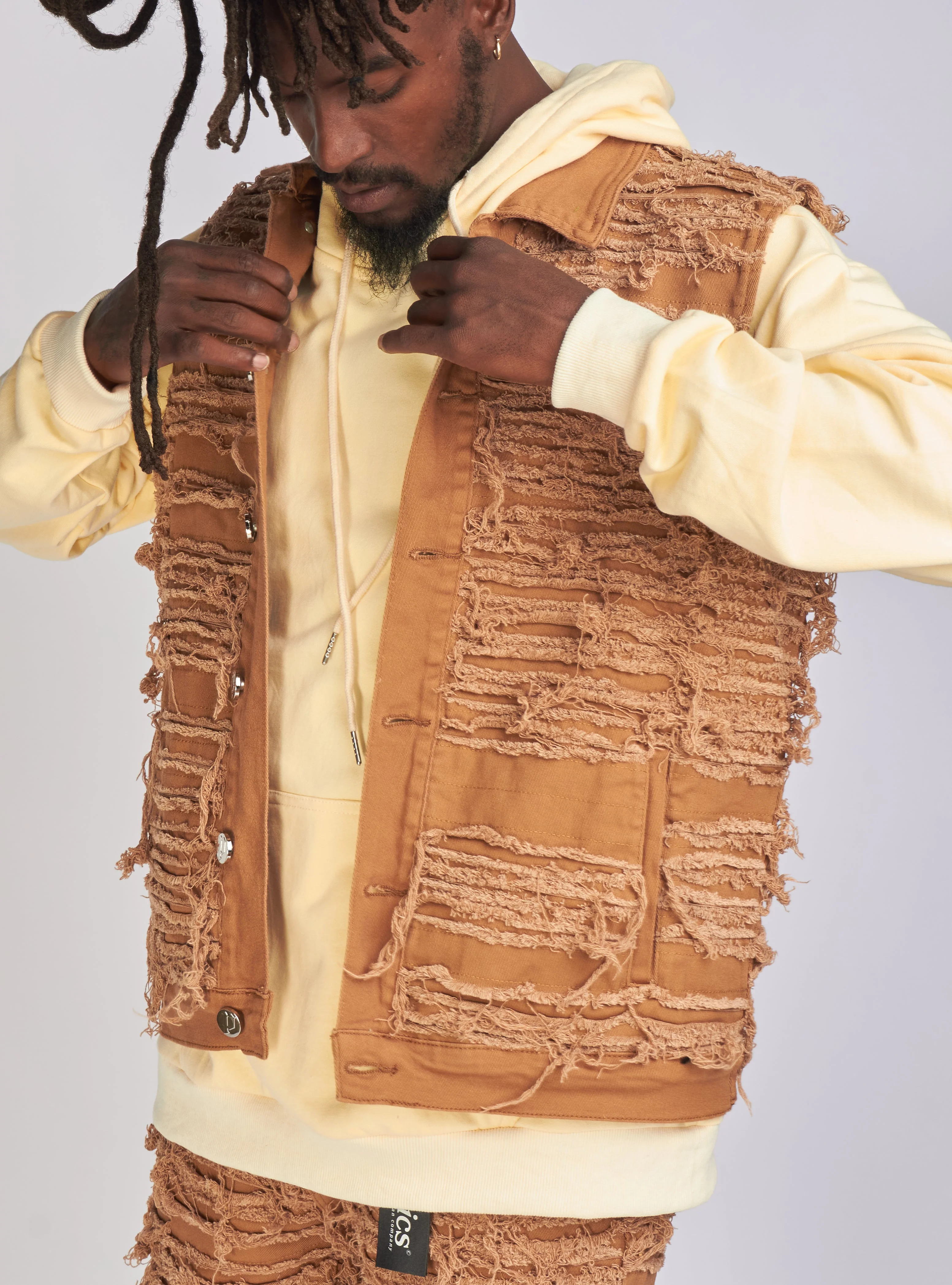 Politics Debris Distressed Denim Vest — Dark Khaki - Image 9