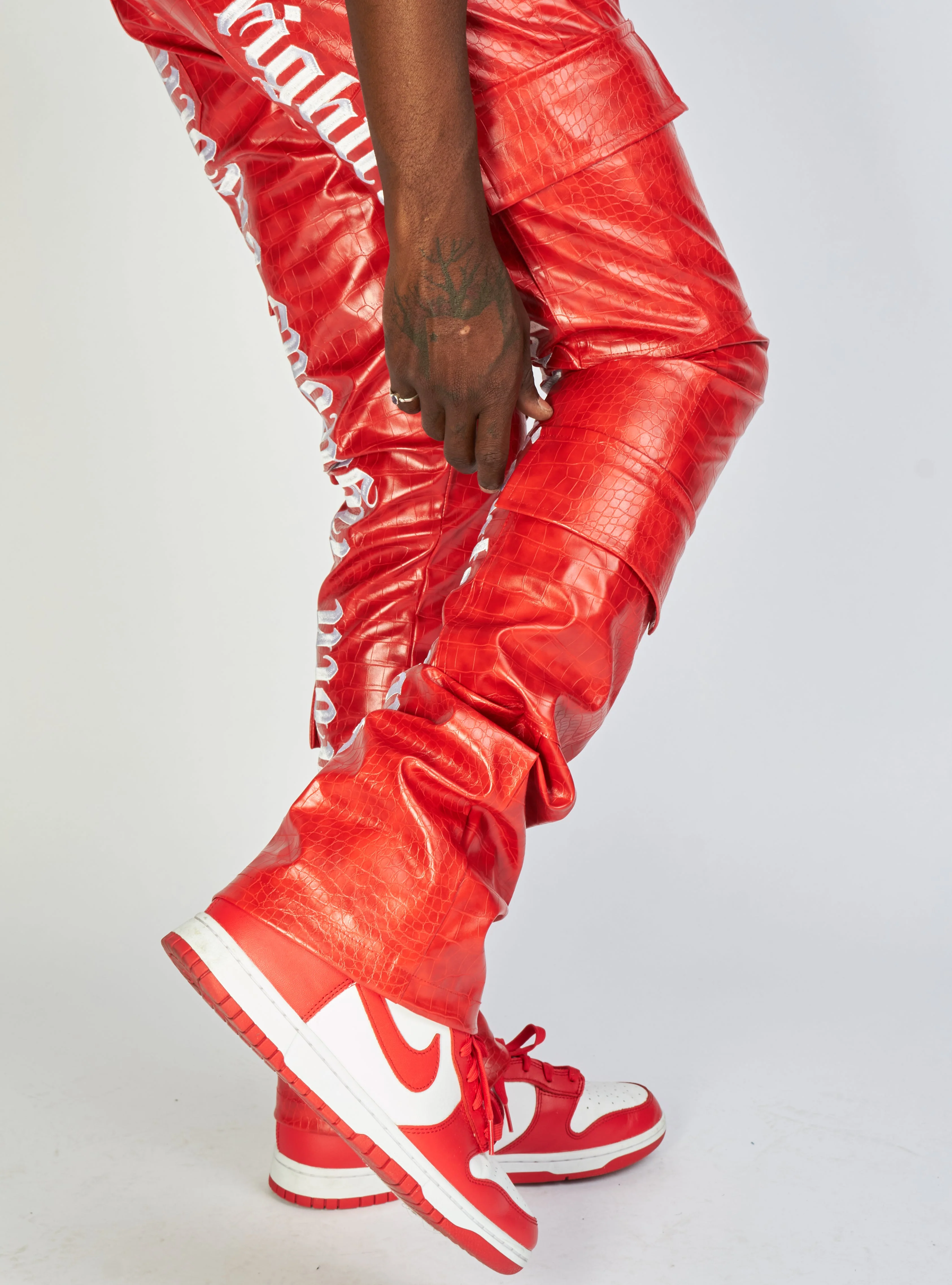 Politics Jeans - Alligator Leather Stacked Flare with Embroidery Harris - Red And White - 562 - Image 3