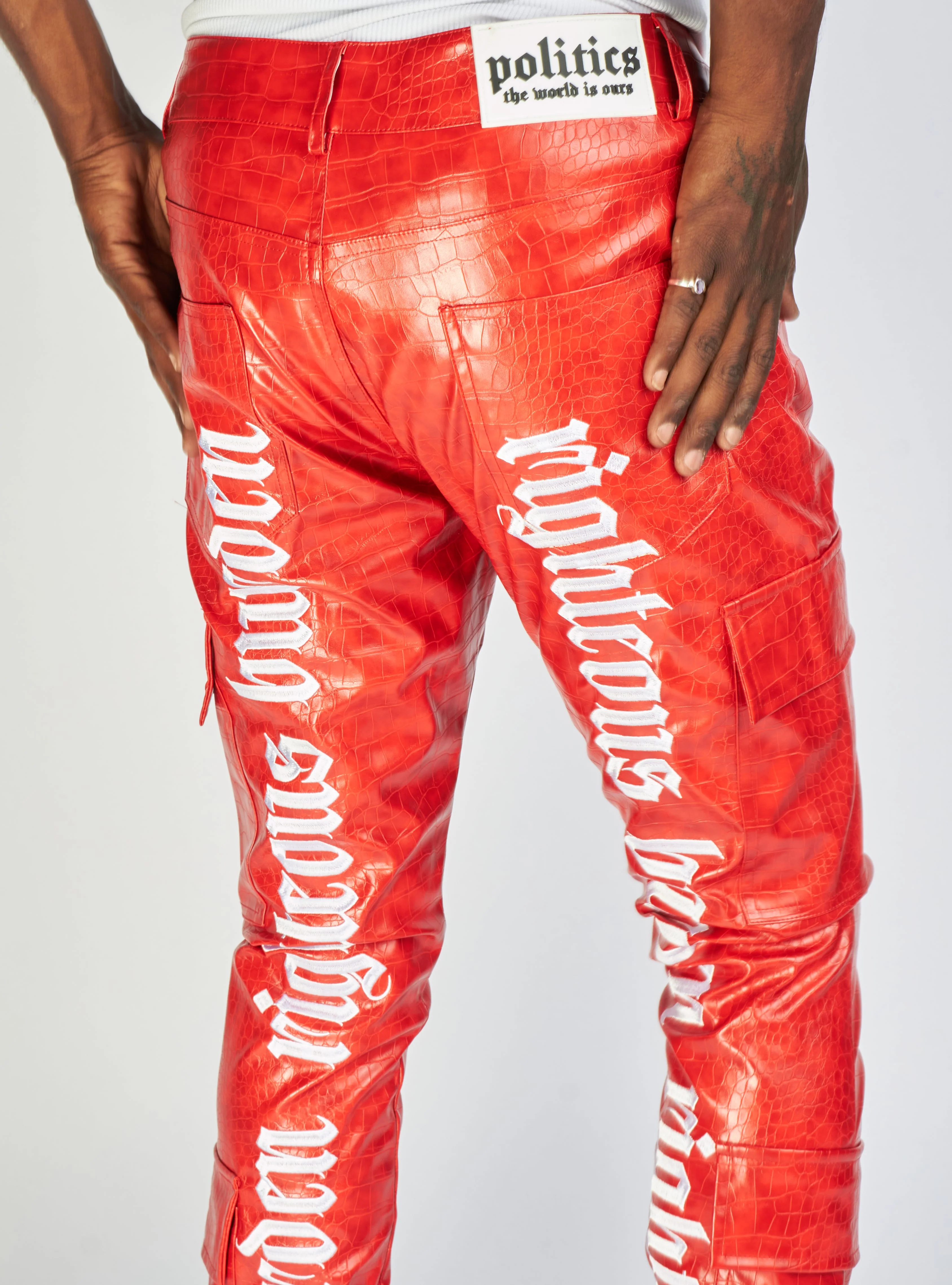 Politics Jeans - Alligator Leather Stacked Flare with Embroidery Harris - Red And White - 562 - Image 5
