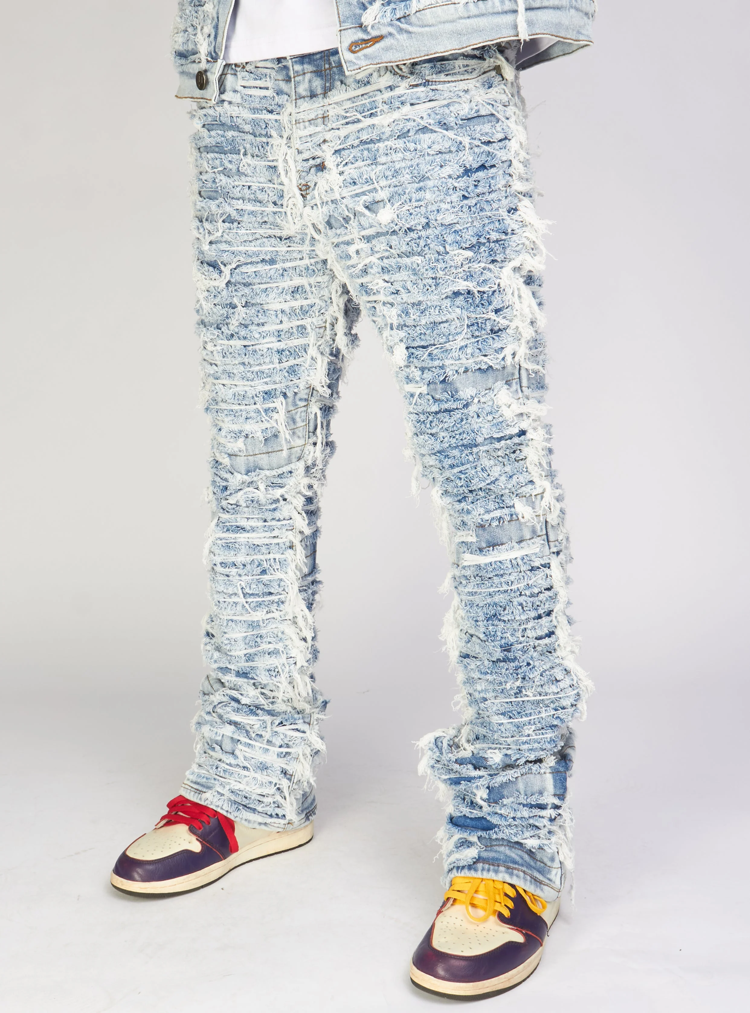 Politics Jeans - Thrashed Distressed Stacked Flare - Blue Wash - Debris 516 - Image 11