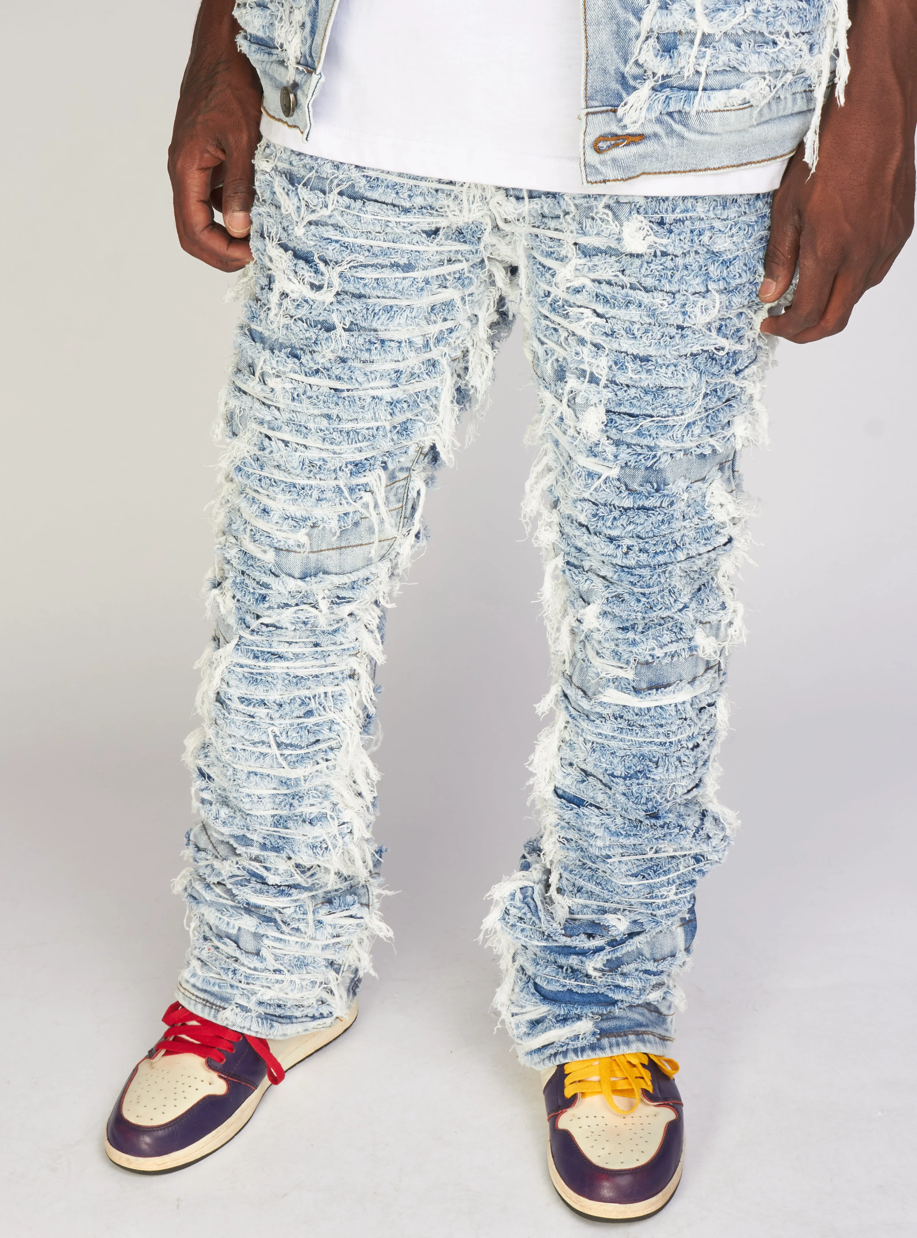 Politics Jeans - Thrashed Distressed Stacked Flare - Blue Wash - Debris 516 - Image 6