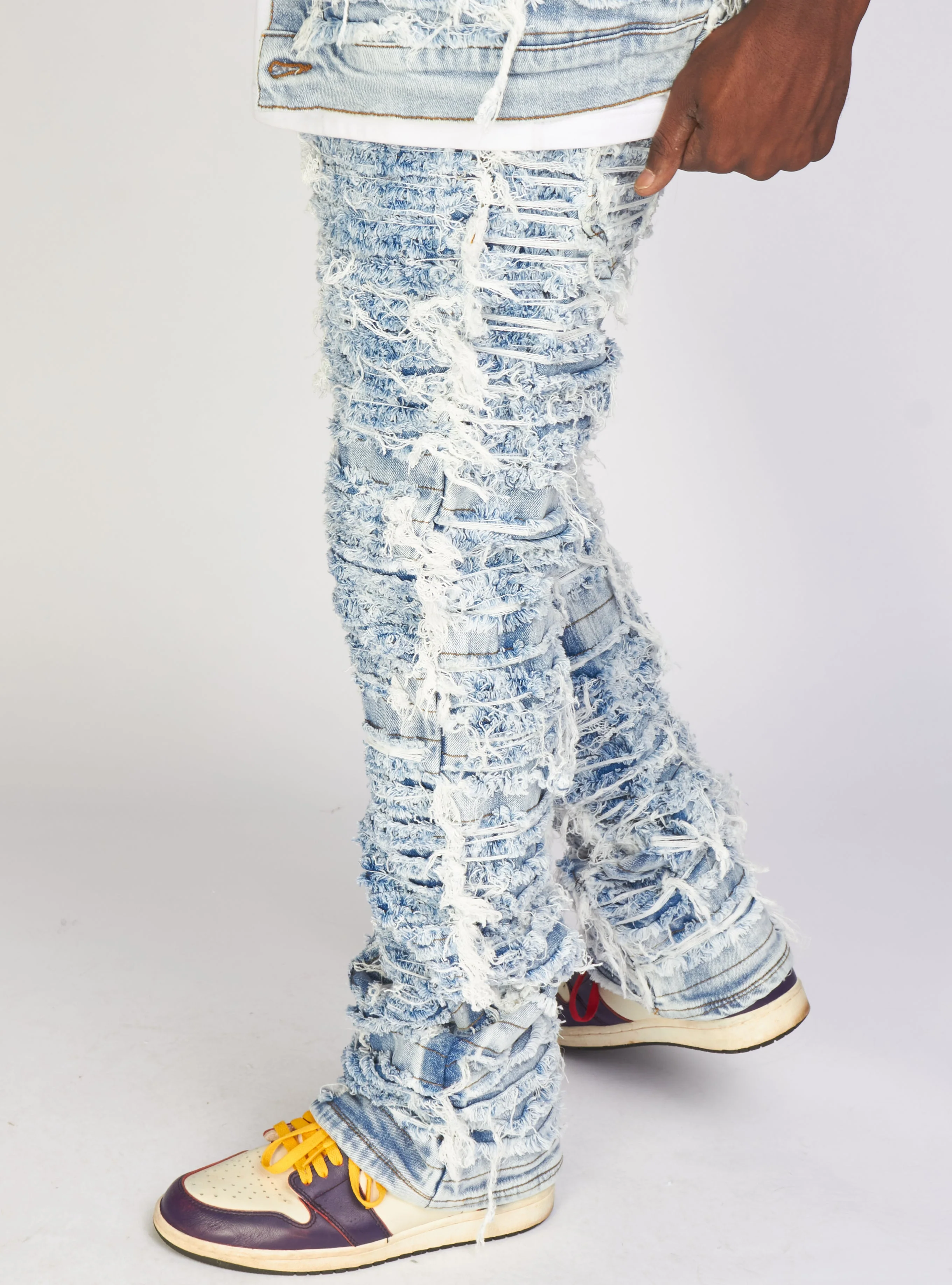 Politics Jeans - Thrashed Distressed Stacked Flare - Blue Wash - Debris 516 - Image 8
