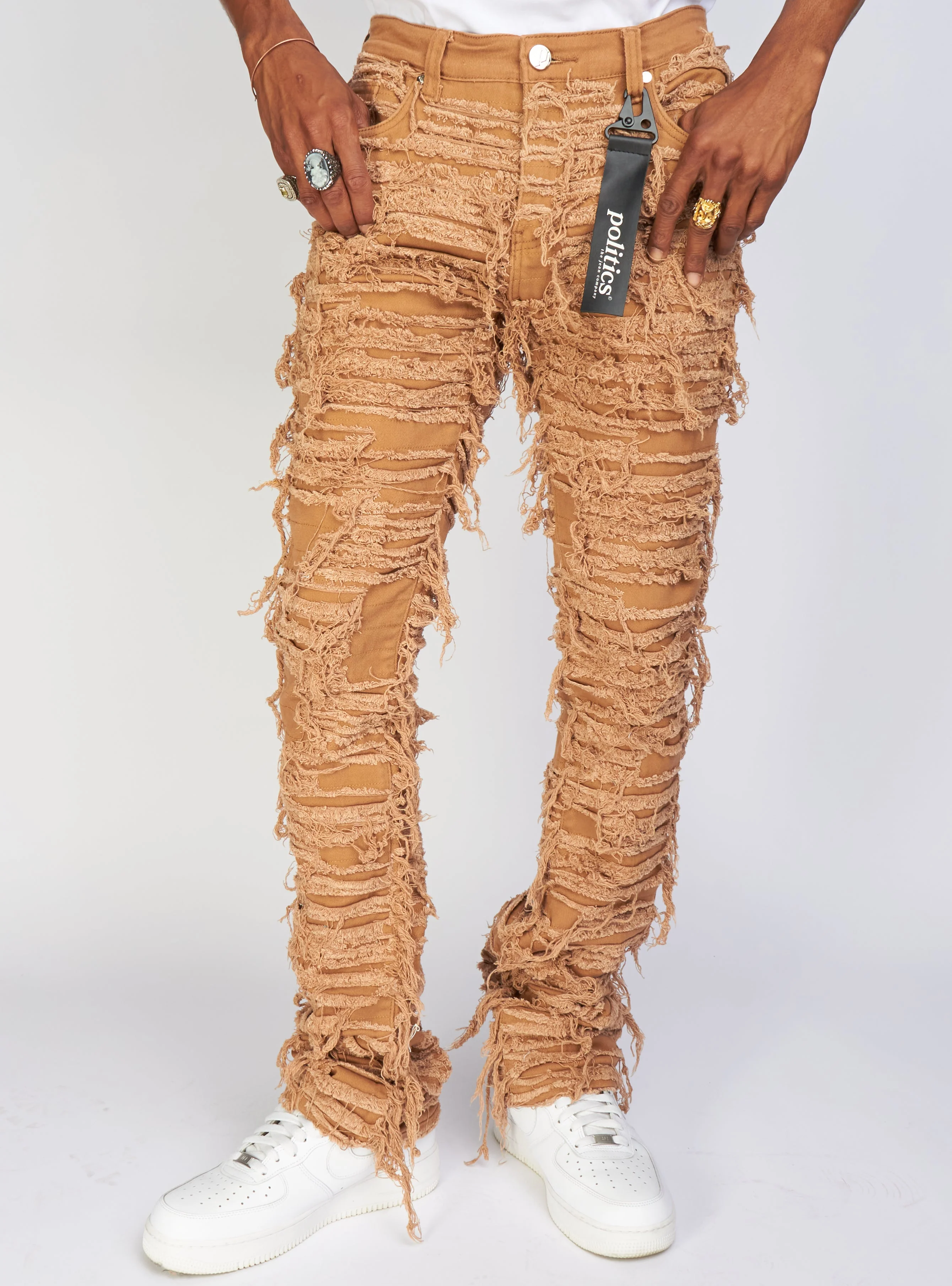 Politics Jeans - Thrashed Distressed Stacked Flare - Dark Khaki - Debris 513 - Image 3