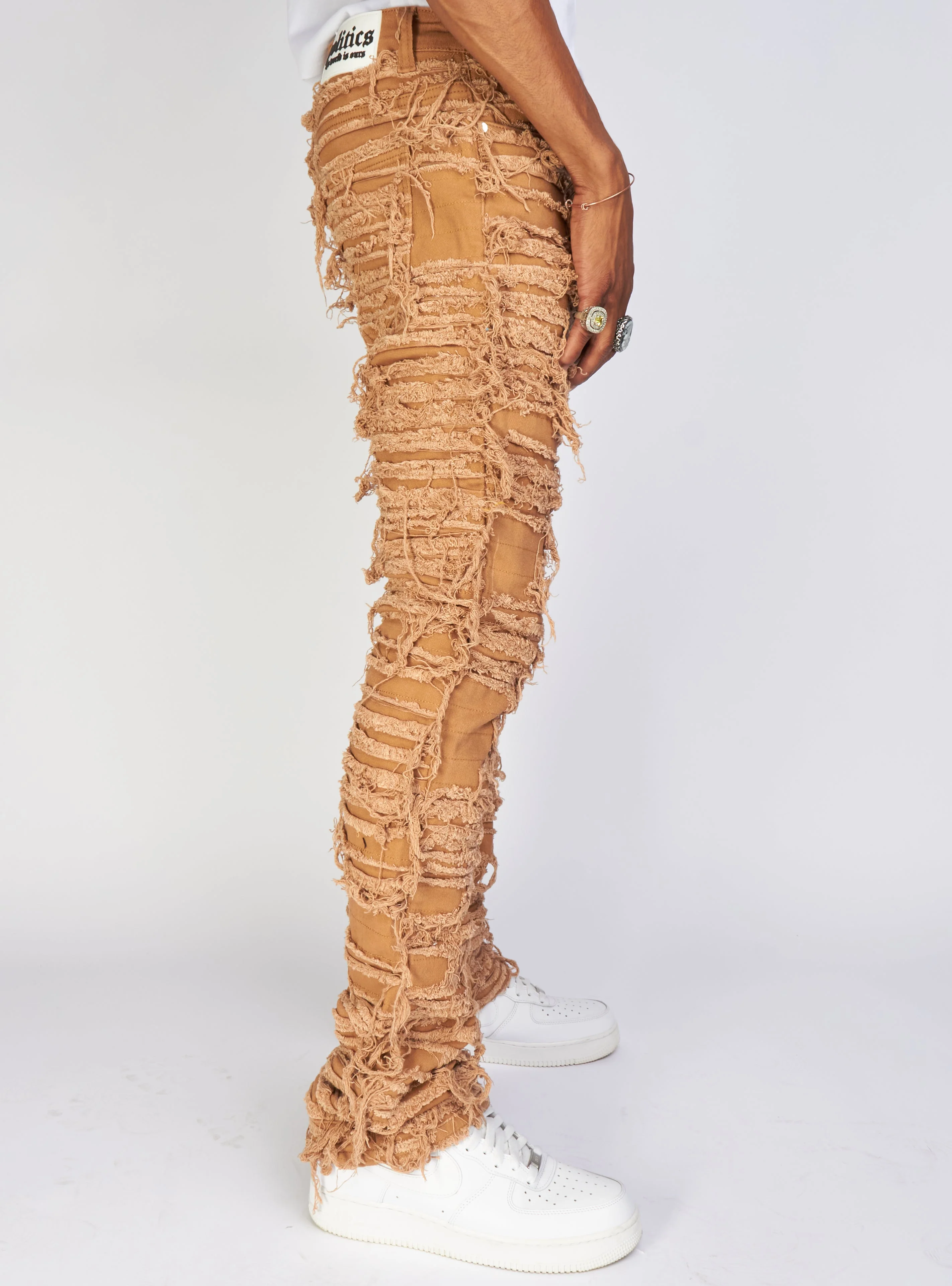 Politics Jeans - Thrashed Distressed Stacked Flare - Dark Khaki - Debris 513 - Image 4