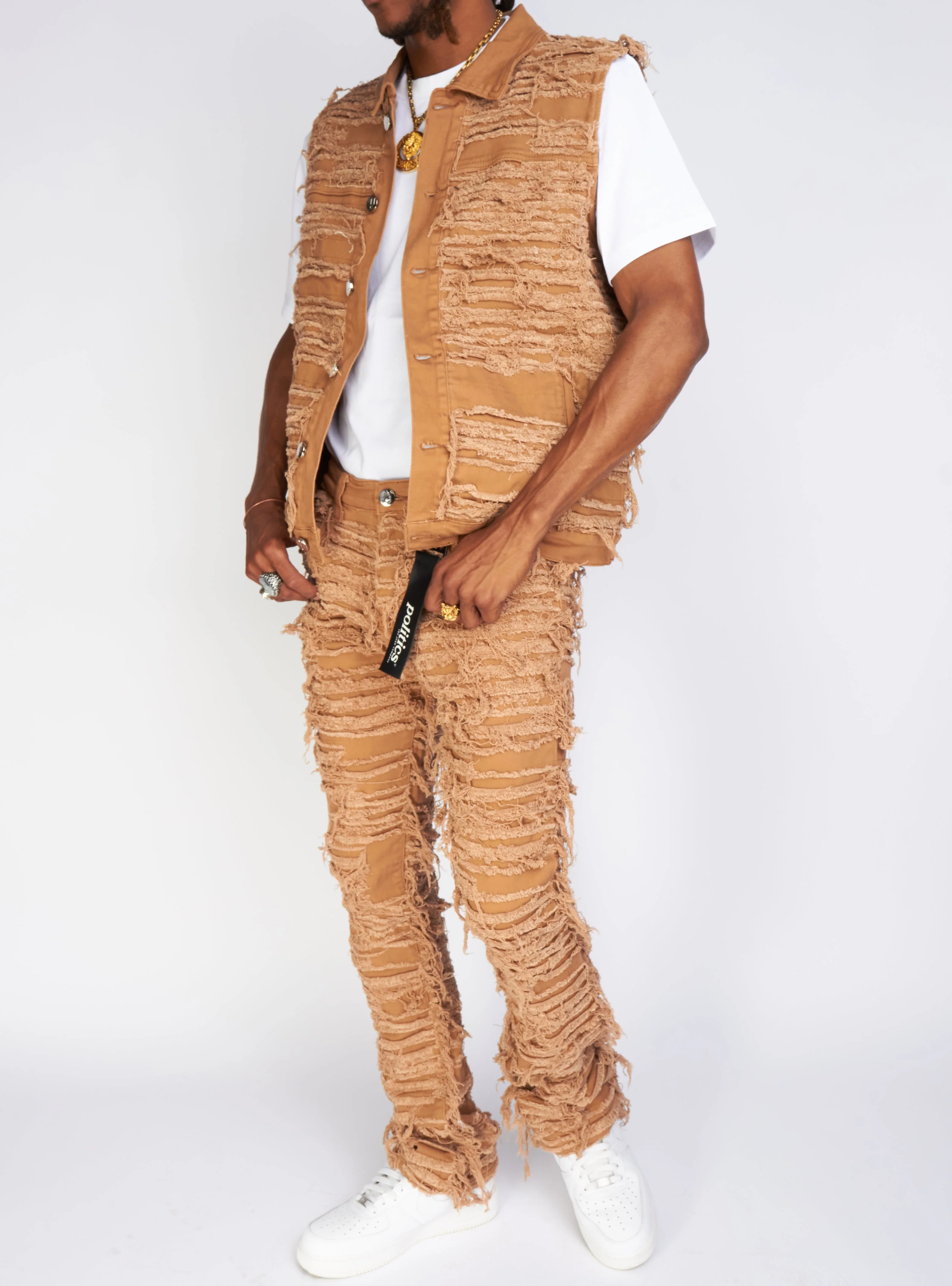 Politics Jeans - Thrashed Distressed Stacked Flare - Dark Khaki - Debris 513 - Image 7