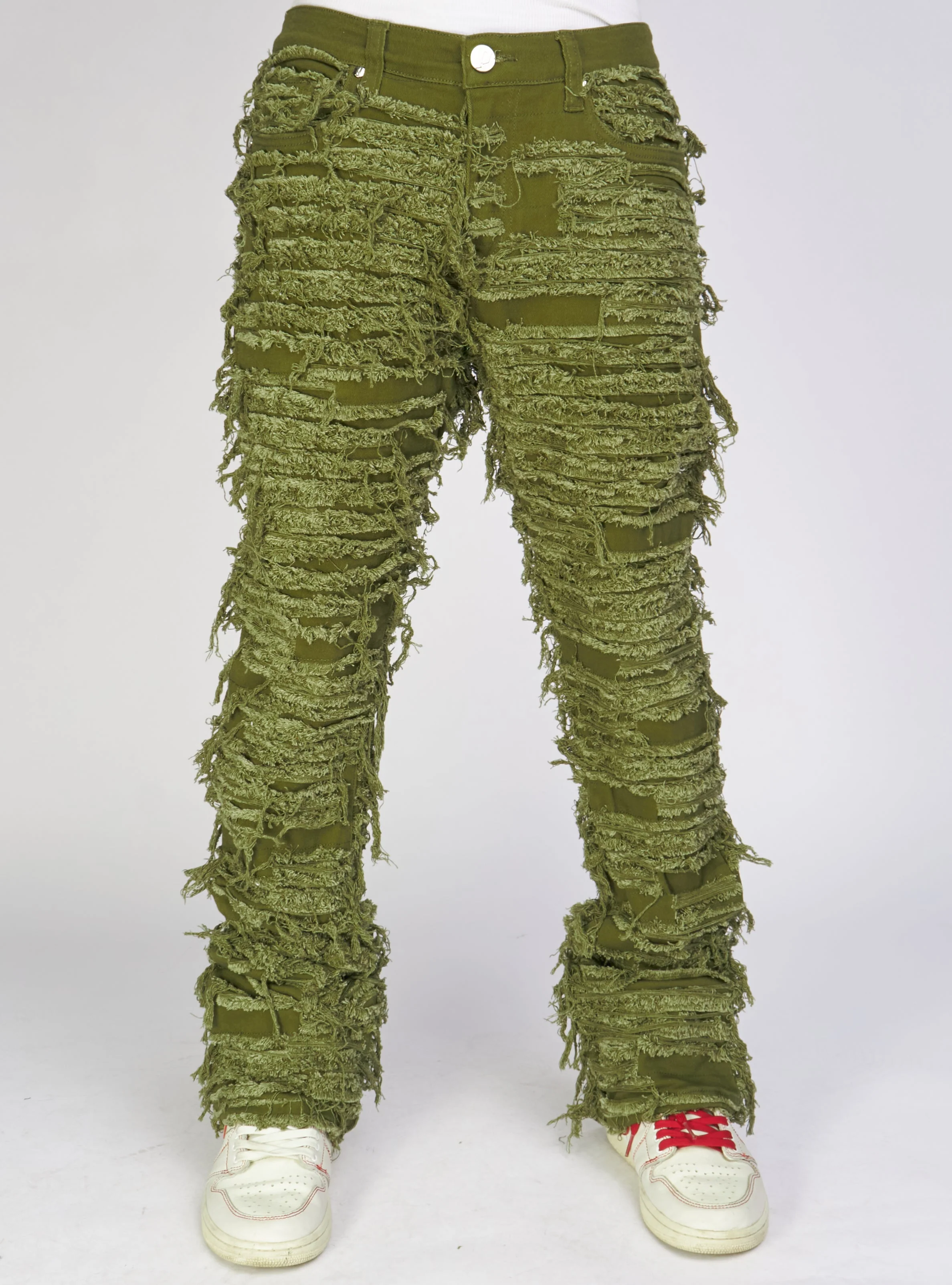 Politics Jeans - Thrashed Distressed Stacked Flare - Dark Olive - Debris 512