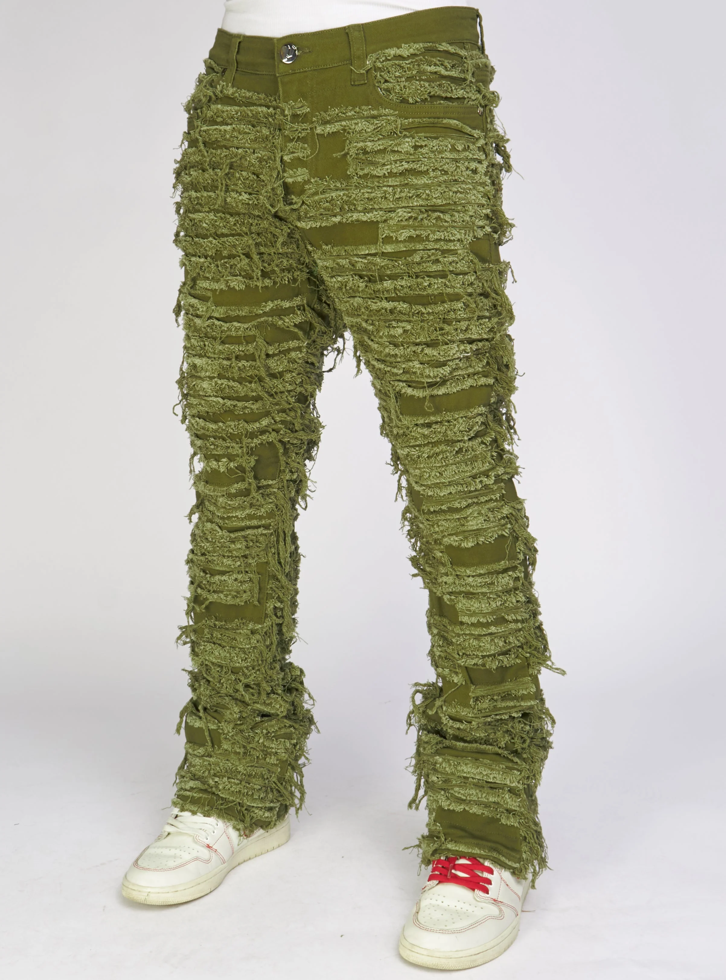 Politics Jeans - Thrashed Distressed Stacked Flare - Dark Olive - Debris 512 - Image 2