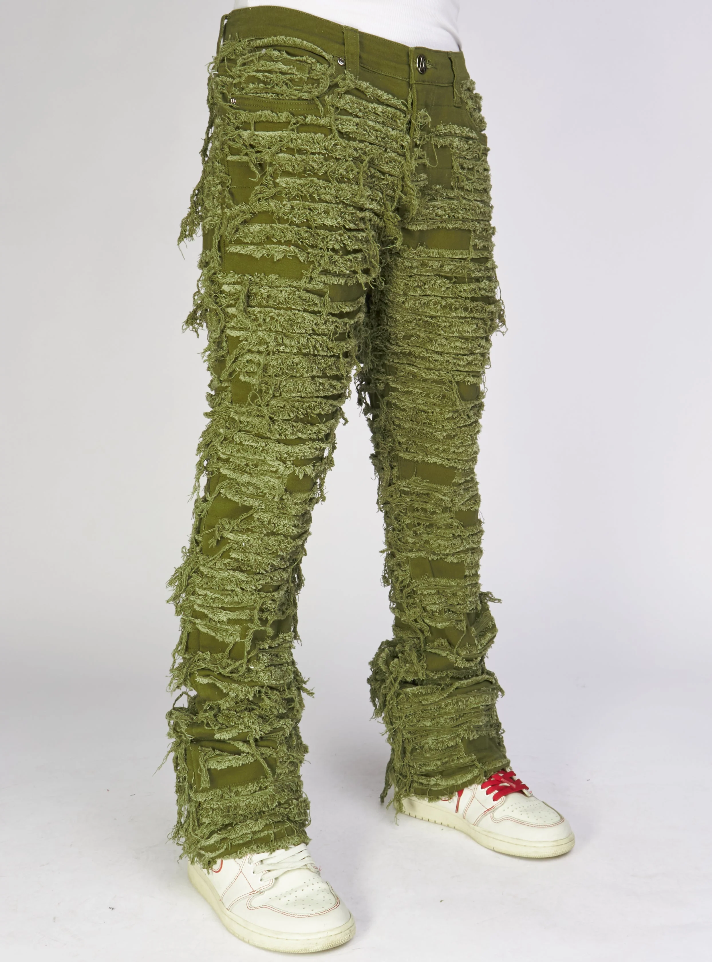 Politics Jeans - Thrashed Distressed Stacked Flare - Dark Olive - Debris 512 - Image 3